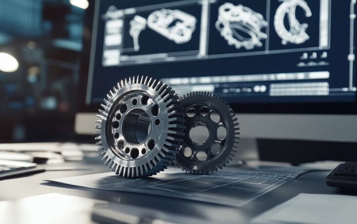 Mitarbeiter bei der Arbeit am CAD-Arbeitsplatz – auf dem Bildschirm ist ein 3D-Modell eines Metallbauteils zu sehen. Im Hintergrund moderne Fertigungsumgebung mit digital vernetzter Steuerungstechnik.